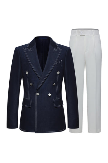 Dark Blue Double Breasted Peak Lapel Tailored 2 Piece Men's Suits